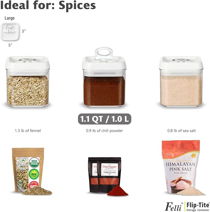Felli Flip Tite Food Storage Container 5" LARGE Size Airtight Lid Lock Top, Stackable Kitchen Canister for Space Saving, Pantry Fridge Cupboard Organizer, Spice Seasoning Pet Treats Snack (1.1 qt)-Ruum Studio Home