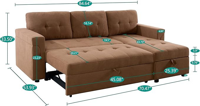 Naomi Home L-Shaped Reversible Sectional Sofa with Pull-Out Sleeper Bed and Storage Chaise, Caramel Air Leather-Ruum Studio Home