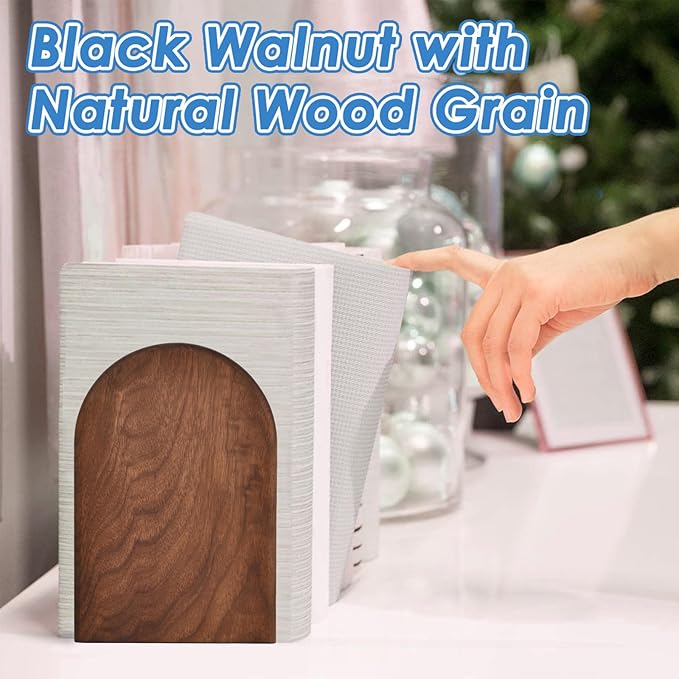 Book Ends, Sturdy Wooden Bookends for Shelves - Heavy Duty Non-Slip Book Organizers, Decorative Bookend Holders for Home Office, Library, Black Walnut Universal Economy Bookend, Medium, 1 Pair-Ruum Studio Home