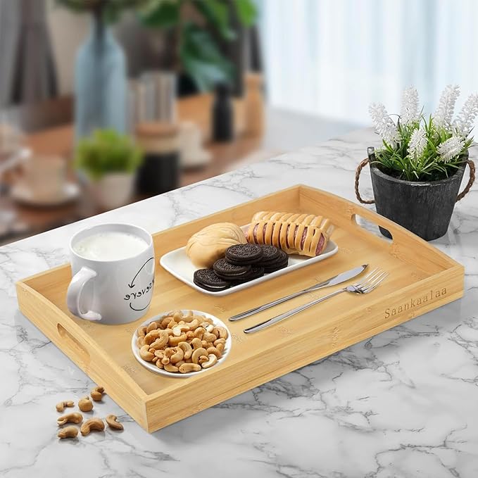 Bamboo Serving Tray Set of 2 Elegant for Coffee, Eating or Decor - Large and Small Rectangle Serving Trays with Handles - Wood Serving Tray Suitable for Home, Kitchen and Outdoor-Ruum Studio Home