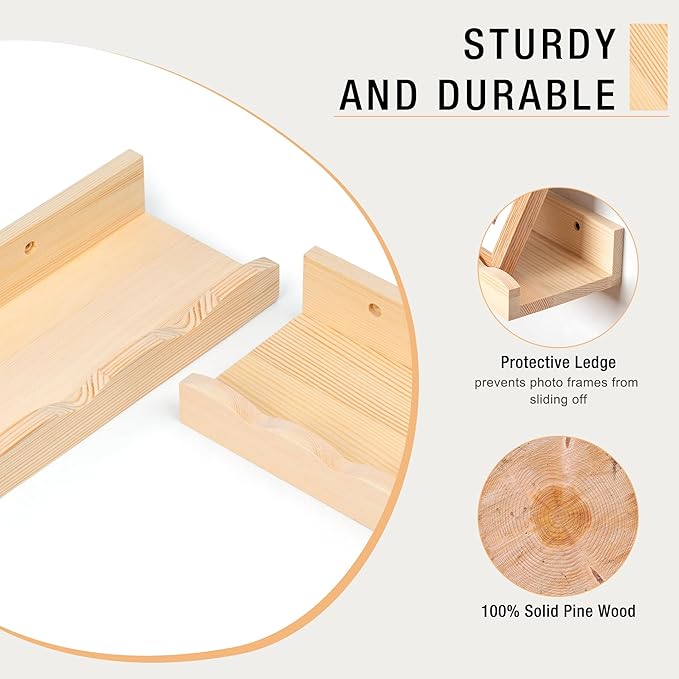 Fun Memories Picture Ledge Shelf for Wall, 36 inch Pine Wood Nursery Book Shelves Set of 2- Wall Book Shelves for Kids Room, Home Decor - Kitchen Spice-Natural-Ruum Studio Home