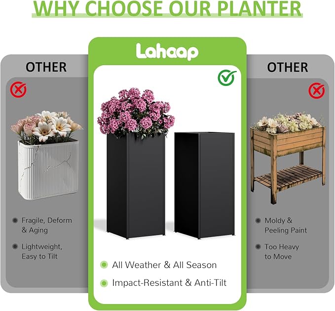 Set of 2 Planter Box Outdoor 30"H x 14.4"W x 13.6"D- Tall Planters for Outdoor Patio/Porch, All-Weather with Anti-dumping Kit, Durable Galvanized Steel, Modern Design for Plants, Flower, Garden-Ruum Studio Home
