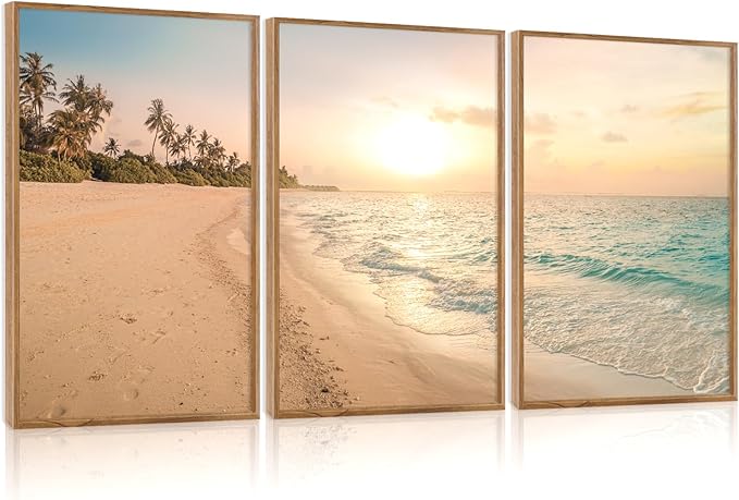 Aurlan Tropical Beach Sunset Framed Wall Art(16"x24"), 3PCS Coastal Ocean Island Canvas Artwork, Vintage Seascape Landscape Scenery Decor Prints for Office Home-Ruum Studio Home