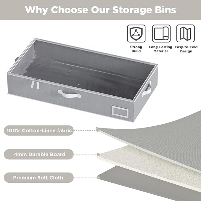 Under Bed Storage Containers, 2-Pack Underbed Storage Box, Collapsible Clothes Storage Bins with Handles and Lid, Large Under Bed Organizers for Shoe, Blanket, Pillow, Sheet, Gray-Ruum Studio Home