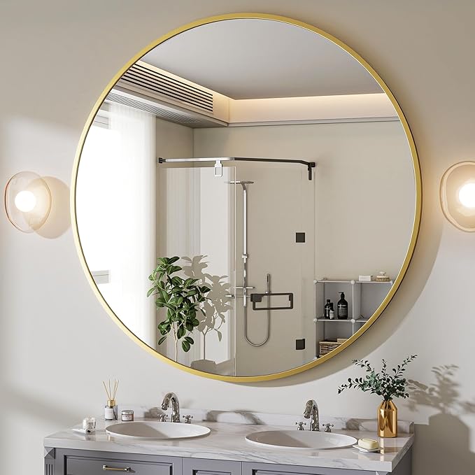 BEAUTYPEAK 24 Inch Round Mirror, Metal Frame Circle Mirror, Wall Mounted for Entryway, Bathroom, Vanity, Living Room, Gold-Ruum Studio Home