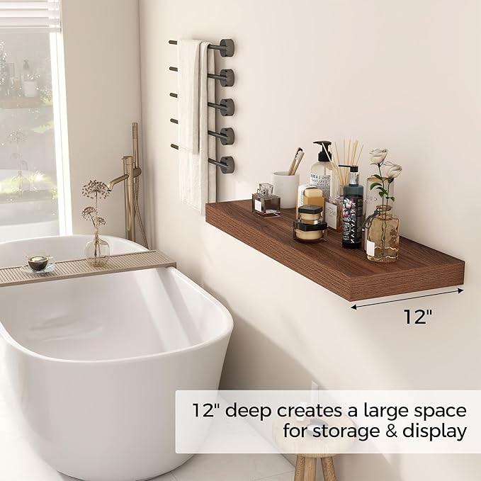 Floating Shelves 30 Inch Long, 12 Inch Deep Floating Shelf for Books, Rustic Wood 30 x 12 Storage Shelves for Wall Storage & Display, Thicked Wall Shelf for Kitchen, Living Room, Walnut Color, 1 Pack-Ruum Studio Home