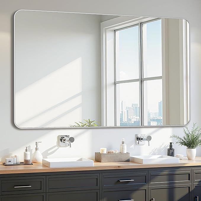 Bathroom Mirror 60" x 36", Large Rectangle Wall Mirror, Silver Metal Frame Wall Mounted Mirrors for Bathroom, Vanity, Bedroom, Entryway Decor(Horizontal/Vertical)-Ruum Studio Home