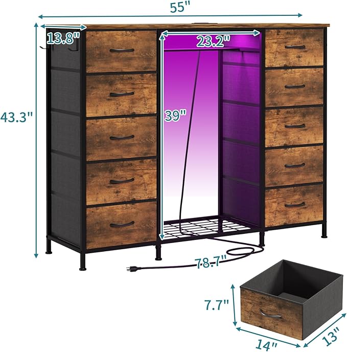 LUMTOK 55W 2-in-1 Dresser with Hanging Rack, 10 Drawers Dresser for Bedroom,Dressers with Fabric Drawers,LED Lights, Charging Station and Hanging Racks for Bedroom (Rustic Brown)-Ruum Studio Home