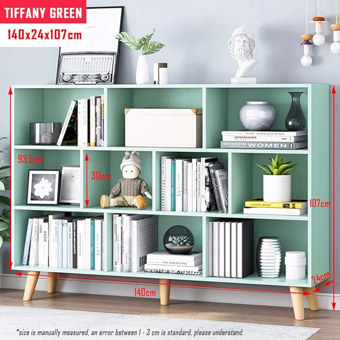 IOTXY Wooden Open Shelf Bookcase - 3-Tier Floor Standing Display Cabinet Rack with Legs, 10 Cubes Kids Bookshelf, Tiffany-Green-Ruum Studio Home