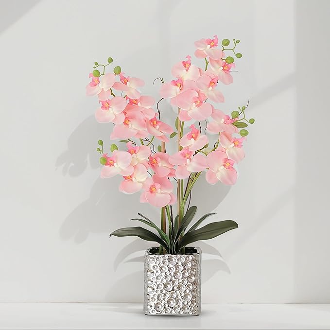 Orchid Artificial Flowers with Sliver Vase Large Silk Faux Phalaenopsis Flowers for Dining Room Table Floral Centerpieces Indoor Decoration,Pink-Ruum Studio Home