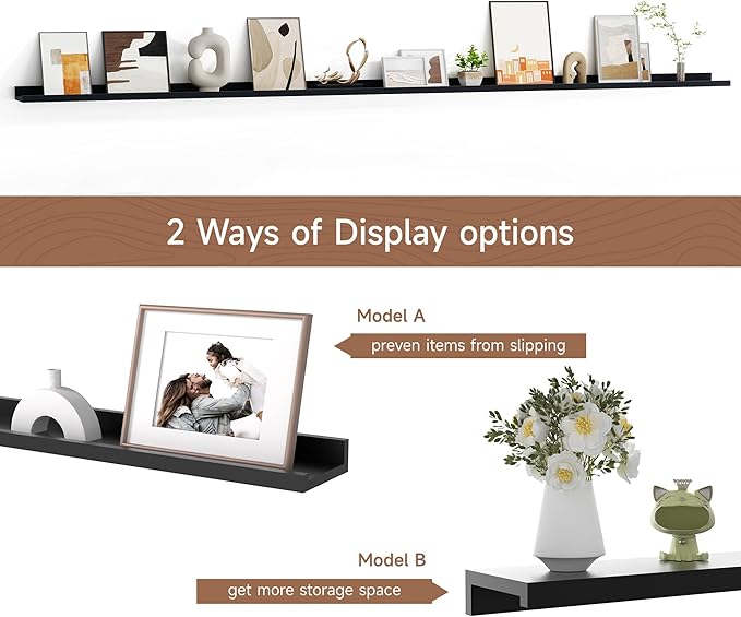 Floating Picture Ledge Shelves for Wall Set of 2, 95 Inches Picture Ledge Shelf with Long Large Nursery Book Shelf for Toys Storage Kids Bookshelf Wall Mounted Living Room Bedroom Decor Frames, Black-Ruum Studio Home