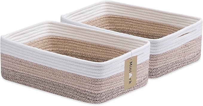 Large Shallow Organizing Baskets 15x11x5.1 Inches - Rope Woven Storage Bins for Bathroom, Shelves, Cube Closet, Gradient Brown 2 Packs-Ruum Studio Home