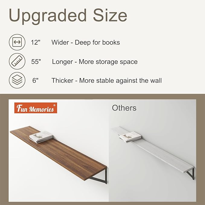 Fun Memories Deep Floating Shelves, 55W x 12D Floating Shelves for Wall, Wood Floating Shelf with Bracket, Wide Display & Storage Wall Shelves for Living Room, Bedroom, Walnut-Ruum Studio Home