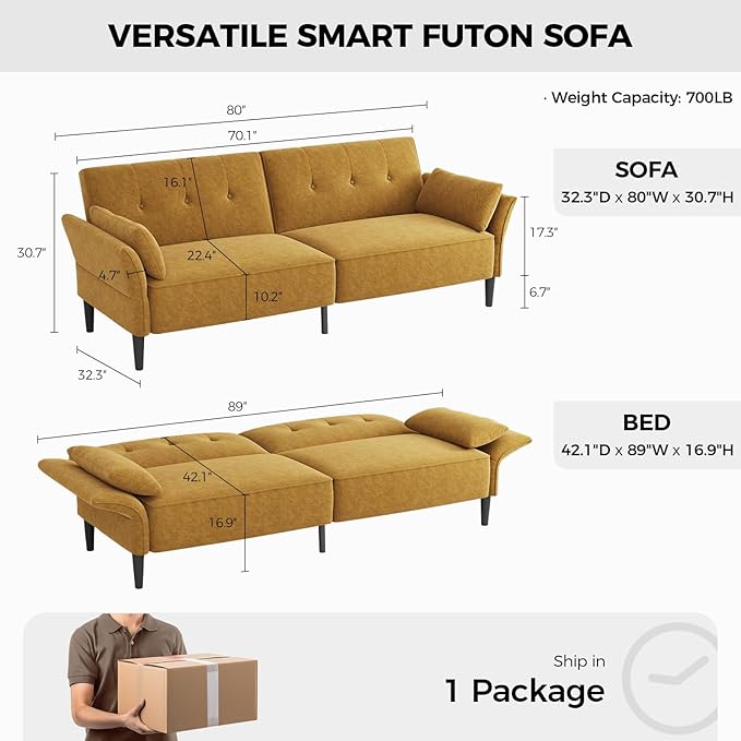 89” Futon Sofa Bed,Comfy Futon Couch Bed with 2 Square Pillows, Convertible Sleeper Sofa with Adjustable Backrest& Armrests, Modern Loveseat Sleeper for Living Room, Bedroom, Yellow-Ruum Studio Home