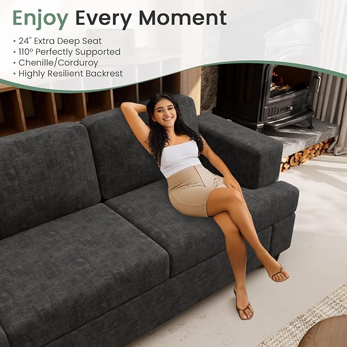Sofa, 63” Comfy Loveseat Sofa with Deep Seats, Couch for Living Room, Modern Sleeper Couch, Dark Grey Chenille-Ruum Studio Home