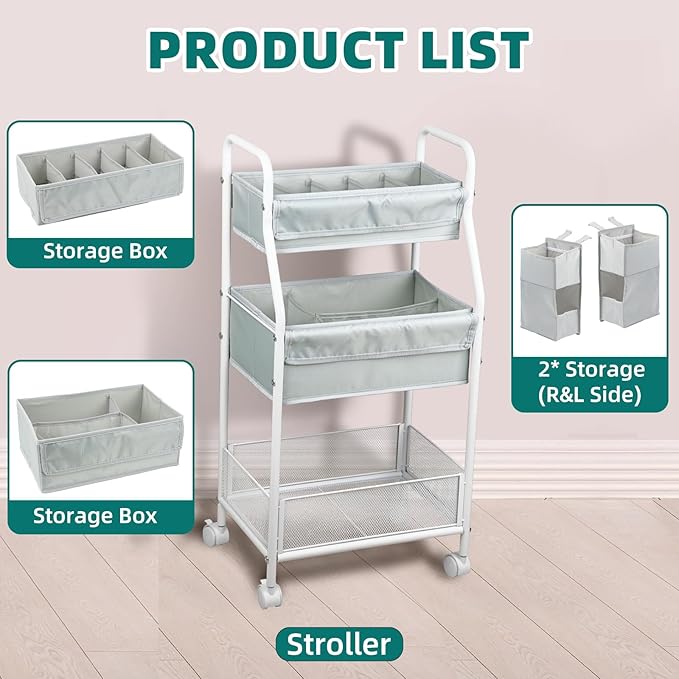Moteph Rolling Utility Cart with Side Storage - Diaper Organizer, Nursery Essentials, and Craft Organizer (with_Side_Storage)-Ruum Studio Home