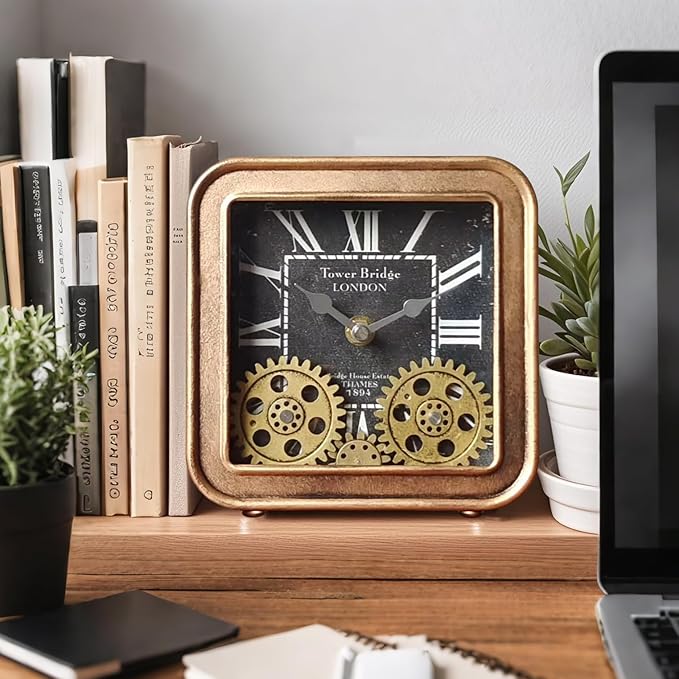 Desk Clock Vintage Metal Table Clocks with Moving Gears, Silent Retro Industrial Steampunk Quartz Small 6 inch End Table Clock for Home Office Living Room Decor Battery Operated (Gold)-Ruum Studio Home