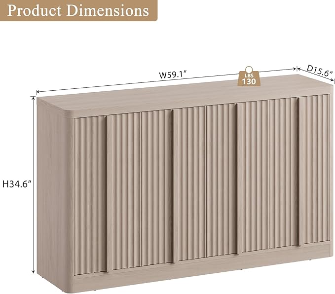 Fluted Buffet Cabinet with Storage, 60" Sideboard Buffet Accent Cabinet with 4 Door & Solid Wood Handle, Modern Buffet Table Credenza Console Cabinets for Living Room, Dining Room, Kitchen, Oak(1PCS)-Ruum Studio Home