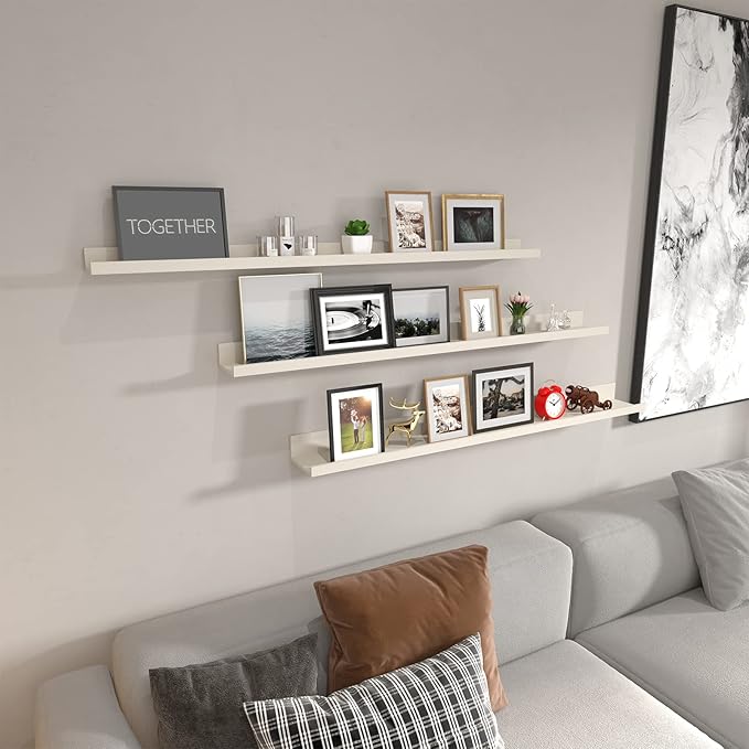 Giftgarden 47 Inch Floating Shelves for Wall Creamy White Beige Wood-Grain, Long Picture Ledge Large Wooden Photo Shelf for Living Room Bedroom Nursery Office, Set of 3 Different Sizes-Ruum Studio Home