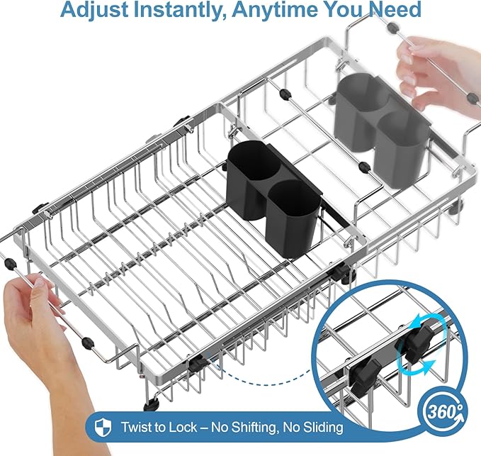 GSlife Expandable in Sink Dish Drying Rack - Capacity Adjustable Stainless Steel Over The Sink Dish Drainer with 2 Cup Holder and Utensil Holder for Kitchen Sink, 10.8"~17.9" L x 14.2" W, Silver-Ruum Studio Home