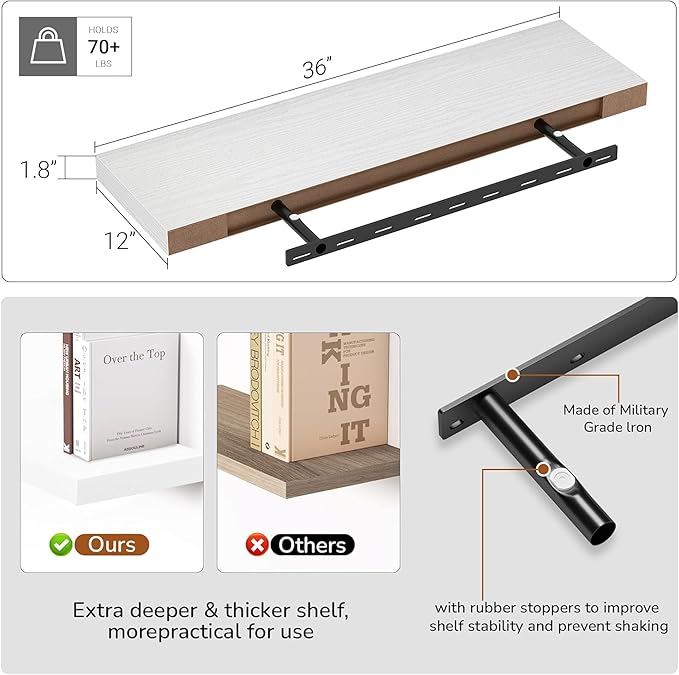 10 inch Deep Wall Shelves 36 inche Long, 1.8 Thick Single Floating Shelf Wall Mounted, Heavy Duty 70 lbs Shelves for Bedroom, Books, Living Room, Kitchen, Office Modern Farmhouse Decor, White-Ruum Studio Home