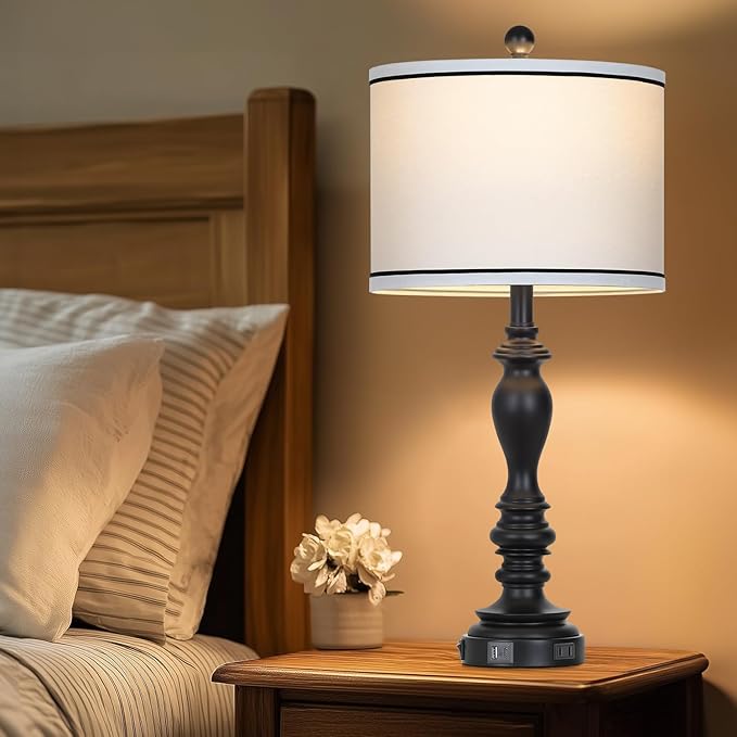 27.5" Farmhouse Table Lamp for Living Room, Black Lamps Set of 2 with USB A+C Ports, Mid Century Tall Table Lamp for Bedroom, Bedside Lamps for Night Stands(2 Bulbs Included)-Ruum Studio Home