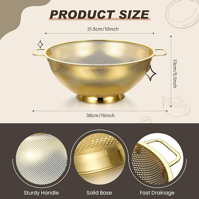 Norme 7 Quart Stainless Steel Gold Colander and 3 Pcs Gold Fine Mesh Strainer, Stainless Steel Pasta Rice Food Metal Strainer with Handles, Easy Clean and Dishwasher Safe-Ruum Studio Home
