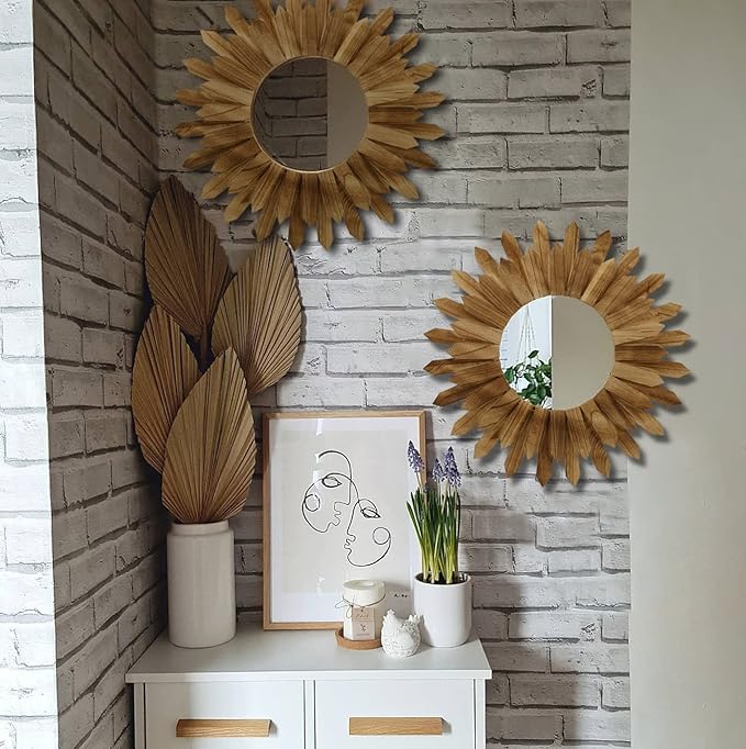 LOSOUR 2 Pack 22 Inch Boho Wall Sunburst Mirror Rustic Round Wood Decorative Mirror Boho Wall Art Decor for Entryway Bedroom Living Room-Ruum Studio Home