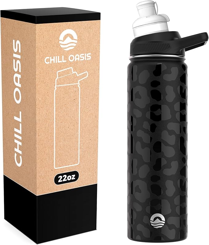 Chill Oasis Water Bottle | Compatible With Popular Flavor Cartridges | BPA Free, Leak Proof, Double-Walled Vacuum Insulated Stainless Steel, and Dishwasher Safe | Cold for 24 Hours (Leopard, 22oz)-Ruum Studio Home