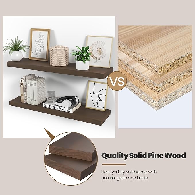 Wood Floating Shelves for Wall 24” x 8”x 1.4” Shelf Floating Rustic Farmhouse Decor, Heavy Duty Shelf Hold 60 lbs, Wall Shelves for Bathroom Living Room Kitchen Bedroom Office, 2 Packs Walnut-Ruum Studio Home
