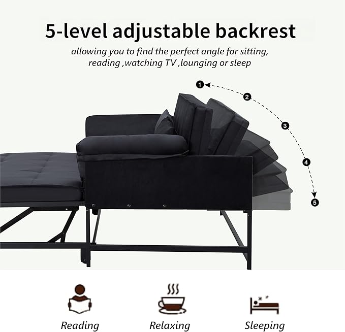 Pull Out Sofa Bed, 46” Futon Couch with Convertible Sleeper, Velvet Pull Out Couch with Adjustable Backrest, Small Sofa Bed with 2 Pillows for Living Room Office Guest Room, Black-Ruum Studio Home