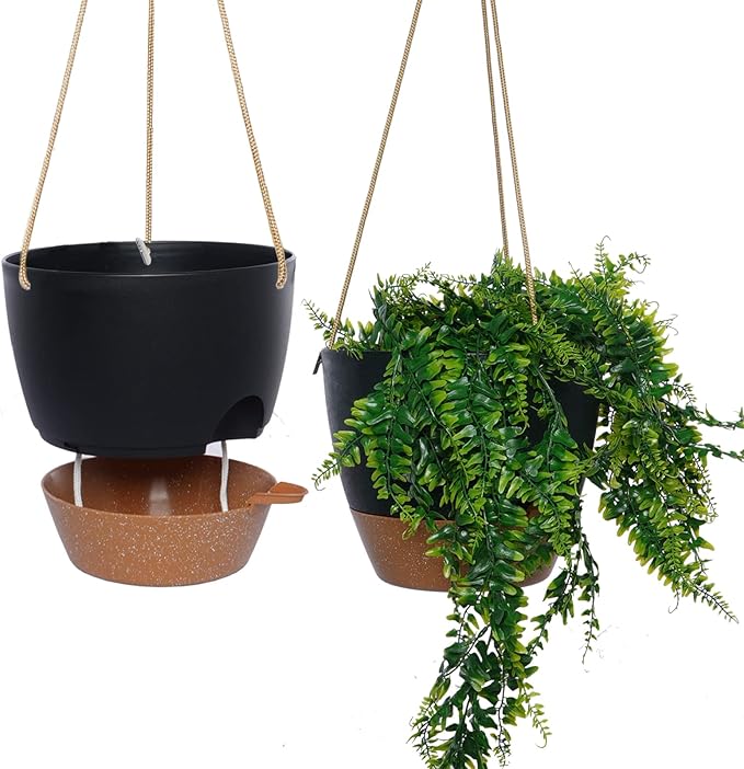 10 Inch Self Watering Hanging Pots, 2 Pack Hanging Planters with 40oZ Deep Reservior for Indoor Outdoor Plants Flowers, Black with Brown-Ruum Studio Home