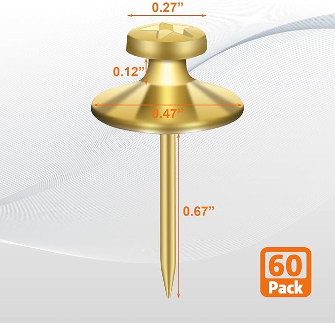 KURUI 60-Pack Metal Push Pins for Wall Hanging Decor, Renter Friendly Hooks for Bedroom Office Gallery Dorm Home, Double Headed Thumb Tacks for Tapestry/Canvas/ Picture Frame/Art, Gold Picture Hangers-Ruum Studio Home