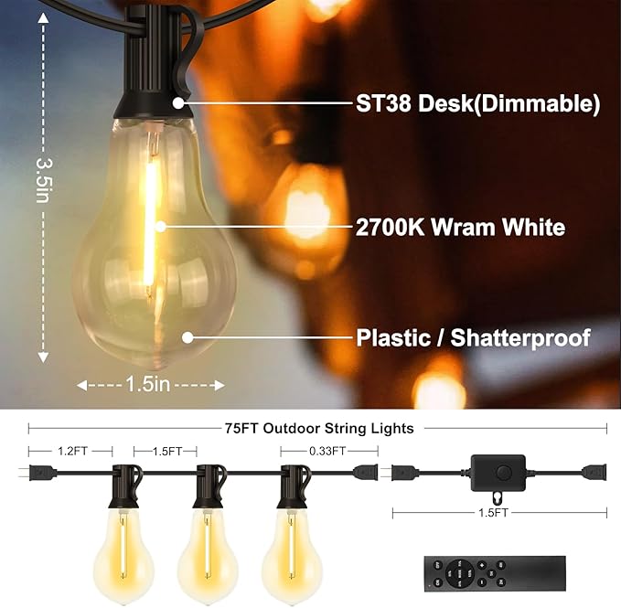 75FT Outdoor String Lights Waterproof with 50+4 Bulbs (1.5FT Bulbs Spacing), Remote & Dimmer, Commercial Patio String Lights with 3 Mode Light & Timing, 100PC Mounting Ties for Outside-Ruum Studio Home