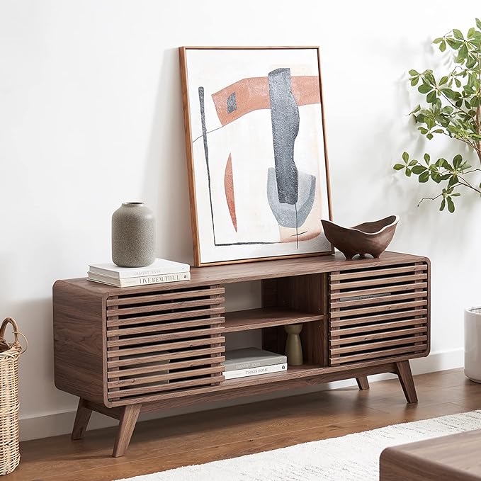 mopio Ensley TV Stand, Mid Century Modern for 55/60/65 inch TV, Farmhouse TV Stand, Entertainment Center with Storage, TV and Media Consol for Living Room (Walnut, 59" Tall)-Ruum Studio Home