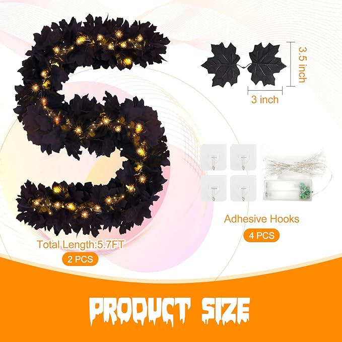 Joyhalo 2 Pack Halloween Garland with Lights, Black Maple Leaves Lighted Garland for Mantle, 5.7FT Light Up Leaf Autumn Vines Outdoor for Door Frame, Fireplace and Thanksgiving Fall Decor-Ruum Studio Home