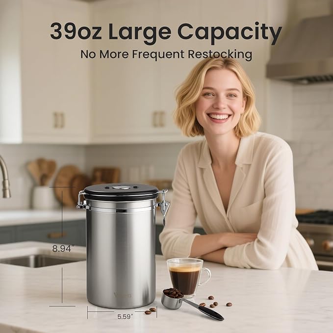 Veken Coffee Canister, 39OZ Large, Airtight Stainless Steel Food Storage Container for 2.2lbs Coffee Beans, Ground, Sugar, Tea, Flour, Rice, Cereal, Cookies Jars, Bar Accessories & Gifts, Silver-Ruum Studio Home