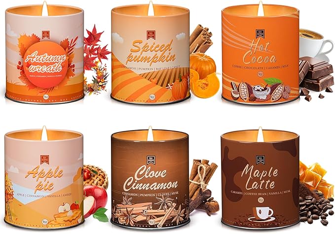 Set of 6 Fall Scented Candles 9 oz Aromatherapy Non Toxic Soy Wax Birthday Candles for Halloween Christmas Easter, Birthday Gifts for Women Men Back to School Gifts for Students, 6 Warmful Scents-Ruum Studio Home