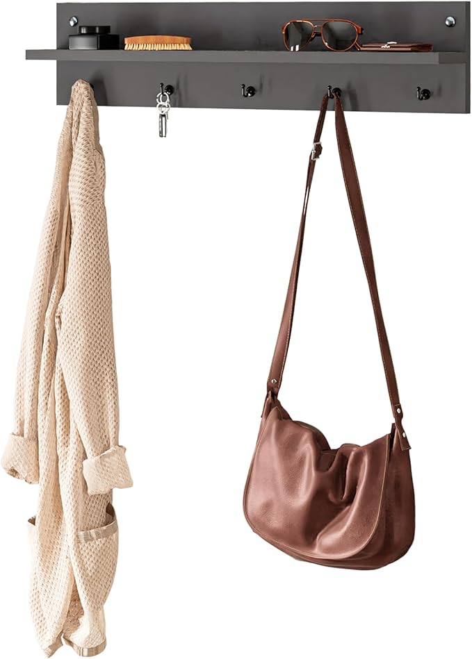 Modern Wall-Mounted Coat Rack with Shelf and Hooks - Wooden Entryway Organizer (Grey)-Ruum Studio Home