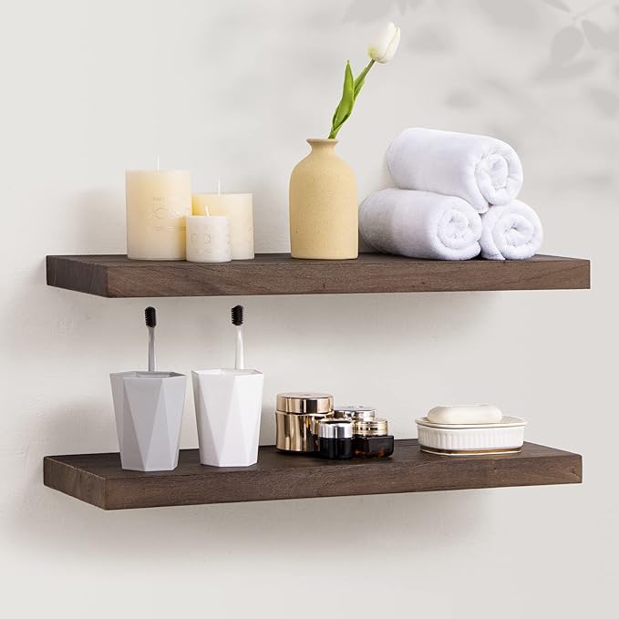 Axeman Floating Shelves for Wall, 24''W x 8'' D Rustic Solid Elm Wood Shelves for Storage, Wall Mounted Display Shelving with Invisible Heavy-Duty Metal Bracket (Walnut, 2PCs)-Ruum Studio Home