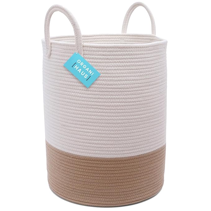 OrganiHaus Boho Laundry Basket 15x18, Baby Hamper for Nursery, Boy Basket for Toys, Basket for Blankets fror Living Room, Large Woven Basket for Storage, Towel Basket & Blanket Basket, Honey-Ruum Studio Home