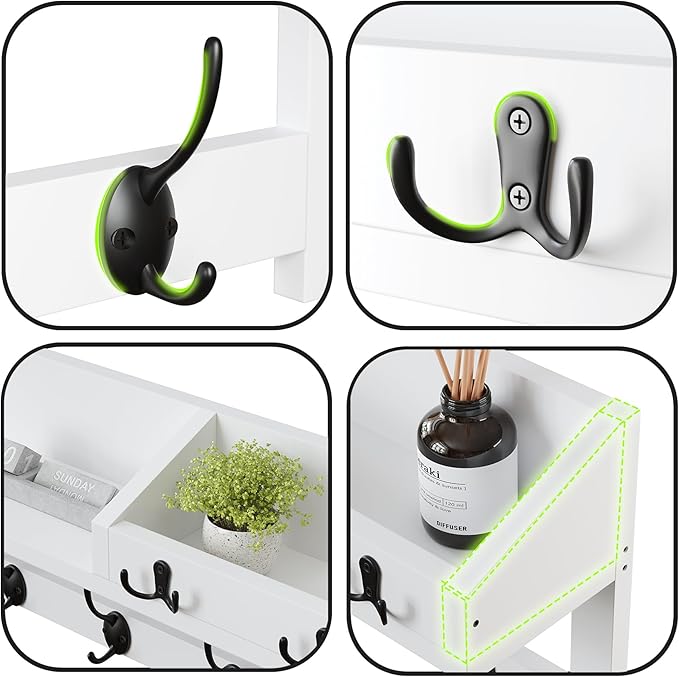 AMBIRD 26.57-Inch Wall Hanging Shelf With Coat Hooks - Entryway Wood Rack With 5 Dual Hooks, 3 Key Hooks, Mail Organizer and Key Holder (White)-Ruum Studio Home