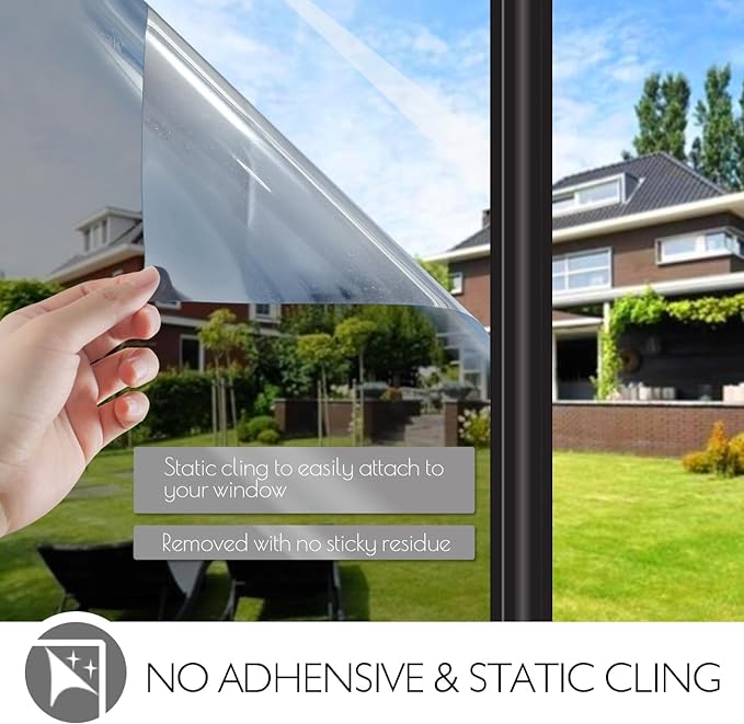 HIDBEA One Way Privacy Window Film, Daytime Mirror Reflective Heat Control UV Sun Blocking Non-Adhesive Static Cling Window Tint for Home and Office(Gray-Silver, 17.5 Inch x 6.5 Feet)-Ruum Studio Home