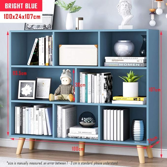 IOTXY Wooden Open Shelf Bookcase - 3-Tier Floorstanding Display Cabinet Rack with Legs, 8 Cubes Free Standing Bookshelf, Bright Blue-Ruum Studio Home