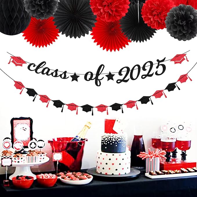Red Black Party-Decoration Graduation Banner - 14pcs Kits Cap Garland Streamers, Paper Tissue Pom Poms Flowers Fans Honeycomb,Class Of 2025 College High School Grad Decor Hugfond-Ruum Studio Home