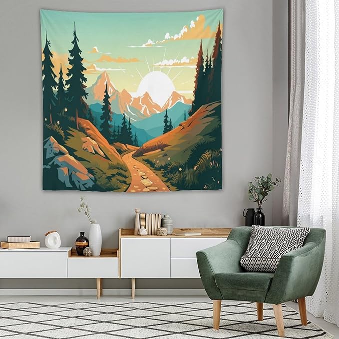 HZOHNAGO Mountain Tapestry Forest Mountain Sunrise Road Pattern Printed Wall Tapestry Wall Hanging for Bedroom Living Room Dorm 60" W x 60" H-Ruum Studio Home