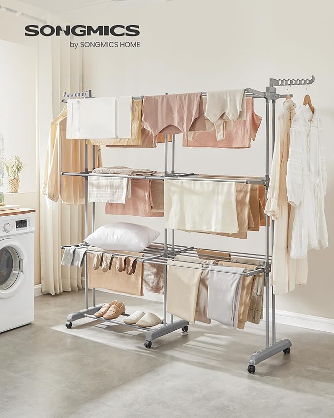 SONGMICS Clothes Drying Rack 4-Tier, Foldable Laundry Drying Rack 69.9-Inch Tall, Extendable Rods, Stainless Steel, Rolling Clothes Horses, Clothes Airer, Indoor Outdoor Use, Dove Gray ULLR704G01-Ruum Studio Home