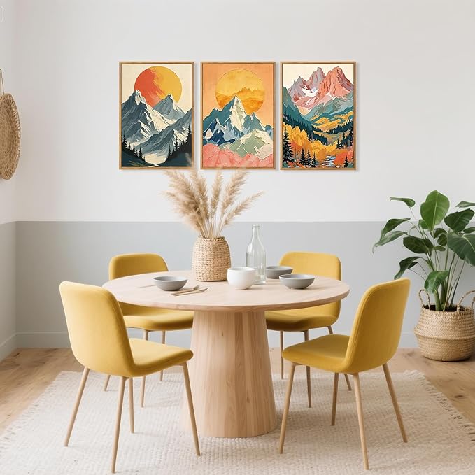 HPNIUB Mountains Forests Framed Canvas Wall Art Set, Abstract Woodland Painting, Boho Scenery Sun Wall Decor, Pretty Grassland River Artwork for Living Room, Bedroom, Dining Room, Office - 16"x24"x3-Ruum Studio Home