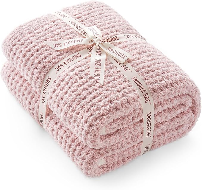 Snuggle Sac Pink Waffle Throw Blanket for Couch Bed Sofa 60x80 inches, Reversible Pink Blanket Microfiber Fluffy Fuzzy Cozy Knit Twin Blanket for Women Mothers Birthday Gifts-Ruum Studio Home