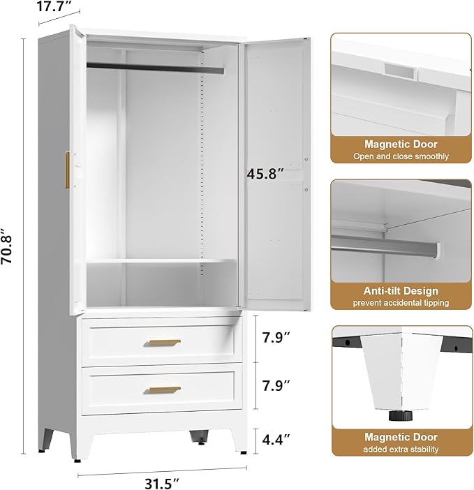 71'' Farmhouse Metal Wardrobe Cabinet with Hanging Rod, 2 Barn Door Wardrobe Closet with Adjustable Shelves,2 Drawer,for Dining Room,Bedroom,Living Room, Cloak Room,Office (White)-Ruum Studio Home